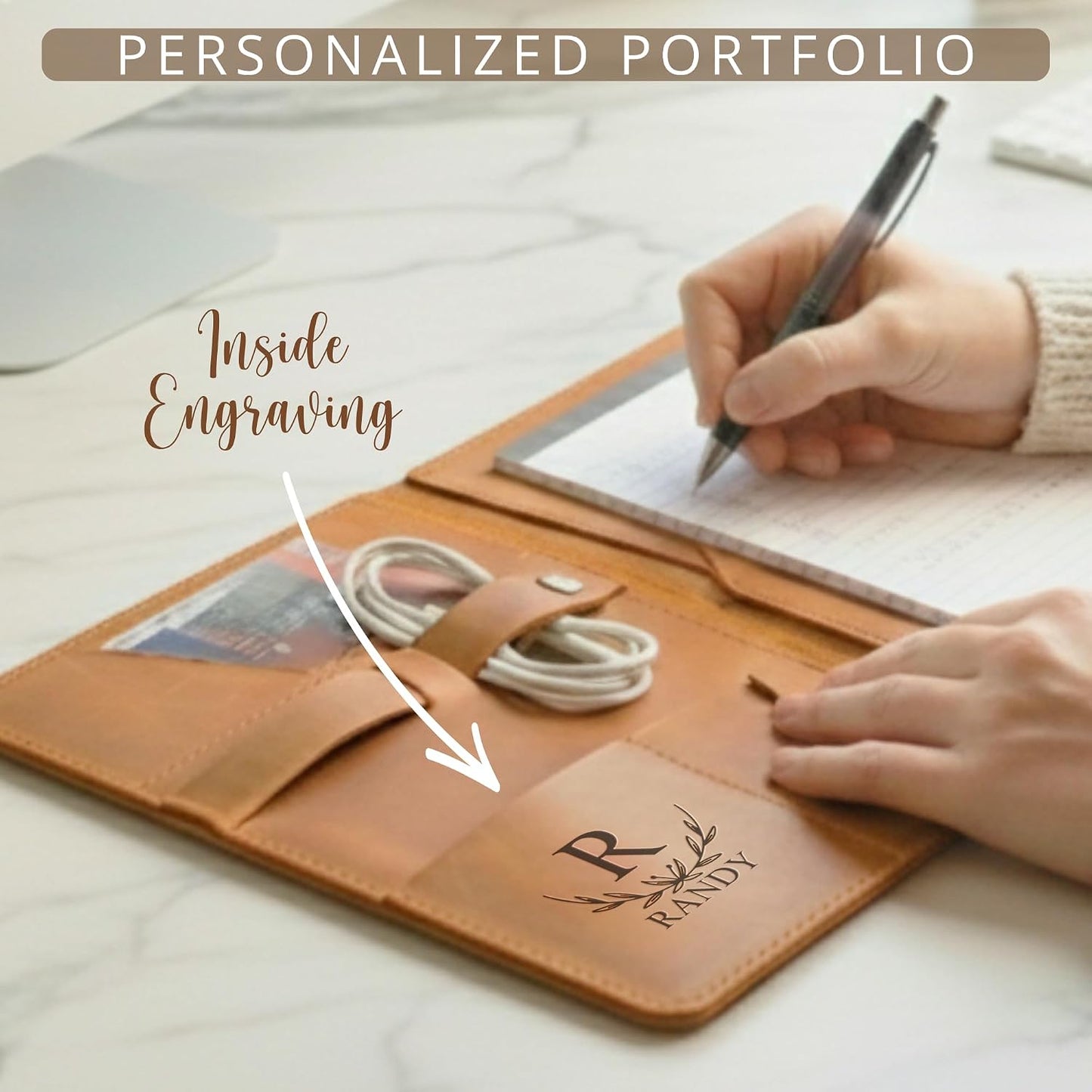 Personalized Leather Portfolio Custom Business Document Organizer Padfolio with Name Logo Engraving, Professional Resume Folder Binder Gift for Men Women Coworker Graduation