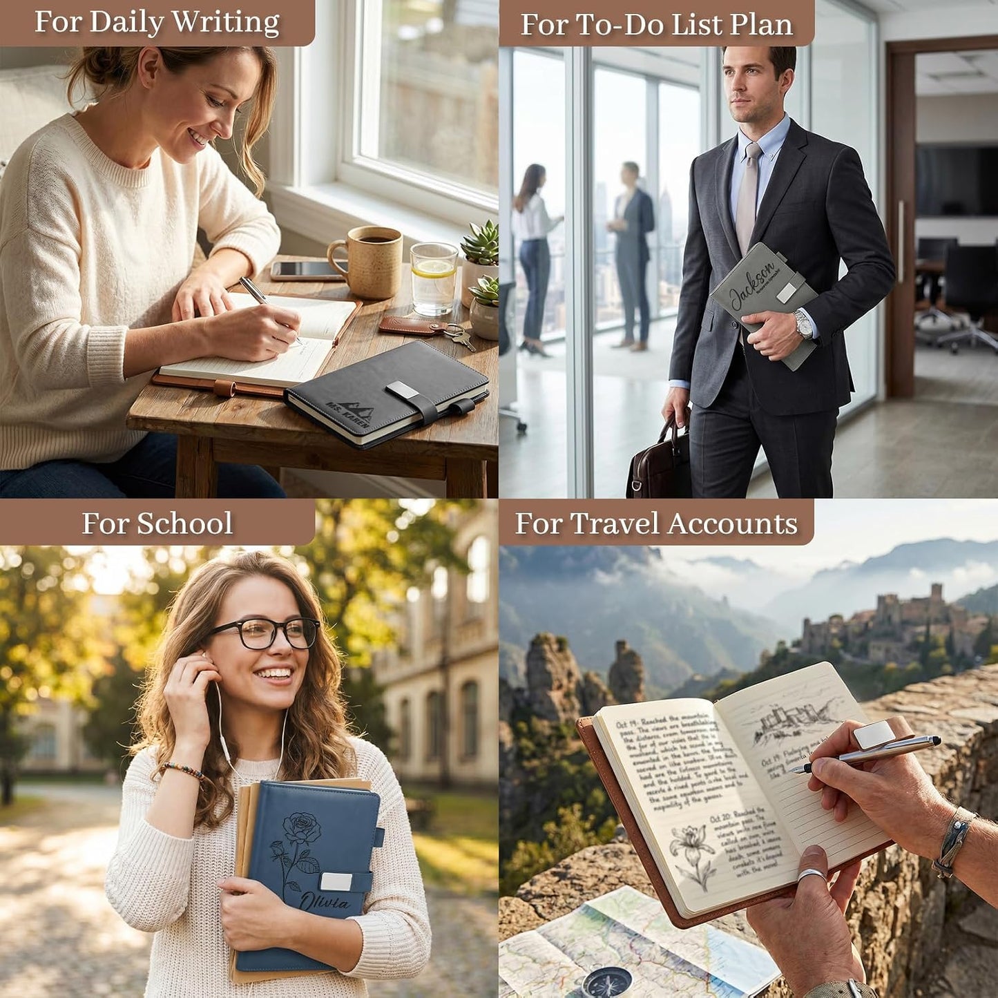 Personalized Leather Journal Notebook, Custom Engraved Hardcover Diary with Name, Thick Paper Lay-Flat Writing Notebooks for Men Women, Office Work and Business Gifts