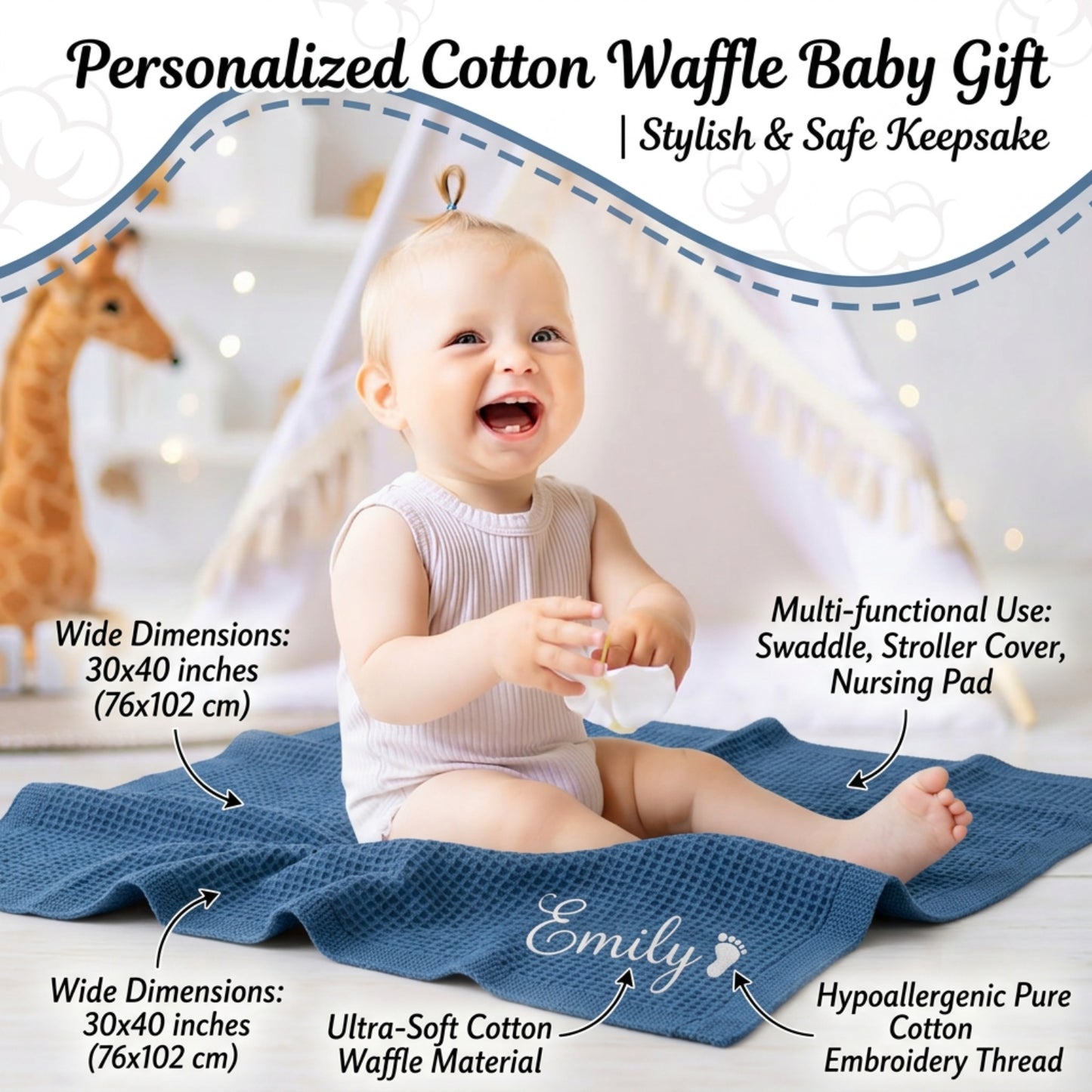 Personalized Baby Blanket with Embroidered Name, Custom Waffle Cotton Knit Blanket for Newborn Boys & Girls, Soft Breathable Swaddle for Baby Shower Gifts, 30x40in