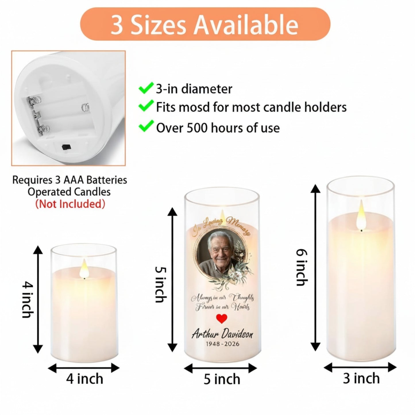 Personalized Memorial Flameless Candle Custom Photo LED Remembrance Candle with Name and Dates Sympathy Gift for Loss of Loved One