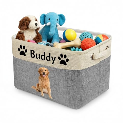 Personalized Dog Toy Box Storage Basket with Custom Name & Photo, Collapsible Pet Organizer Bin for Dog Toys, Blankets, Leashes, Custom Pet Gifts for Dog Owners
