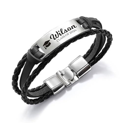 Personalized Men Bracelet Custom Engraved Leather Wristband, Class of 2026 , High School College Senior Graduate Present, Stainless Steel Name Jewelry