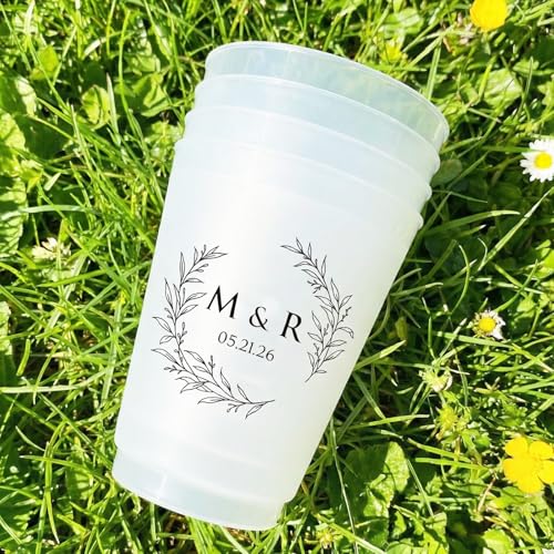 Custom Frosted Plastic Cups Personalized Reusable Party Cups with Logo Names Text, 12oz 16oz Clear Cup for Wedding Reception Bridal Shower Birthday Party Favors
