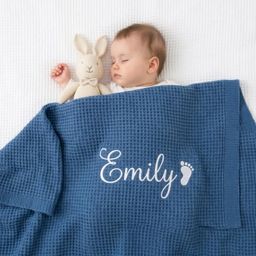 Personalized Baby Blanket with Embroidered Name, Custom Waffle Cotton Knit Blanket for Newborn Boys & Girls, Soft Breathable Swaddle for Baby Shower Gifts, 30x40in
