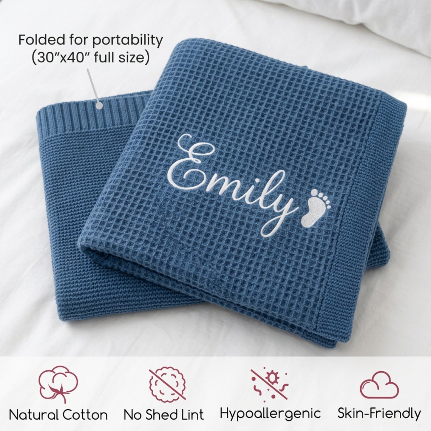Personalized Baby Blanket with Embroidered Name, Custom Waffle Cotton Knit Blanket for Newborn Boys & Girls, Soft Breathable Swaddle for Baby Shower Gifts, 30x40in