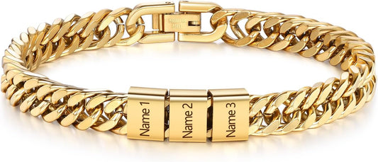Personalized Mens Bracelet with Engraved Names Custom Stainless Steel Cuban Link Chain for Husband Dad Son Grandpa Customized Jewelry Gift for Anniversary Birthday