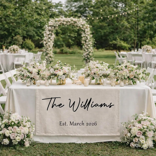Custom Wedding Table Sign Personalized Sweetheart Table Decor, Mr and Mrs Canvas Banner with Last Name and Date, Customized Table Runner for Reception Welcome Display