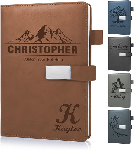 Personalized Leather Journal Notebook, Custom Engraved Hardcover Diary with Name, Thick Paper Lay-Flat Writing Notebooks for Men Women, Office Work and Business Gifts