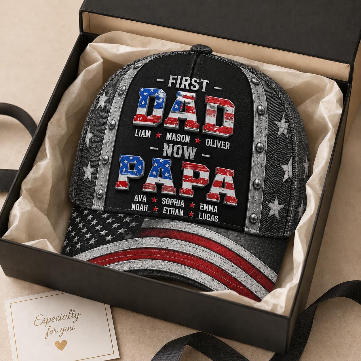 Personalized 3D Effect Dad Hat with Kids Names, Custom Classic Baseball Cap for Men, Unique Fathers Day Birthday Gifts for Daddy Grandpa Husband
