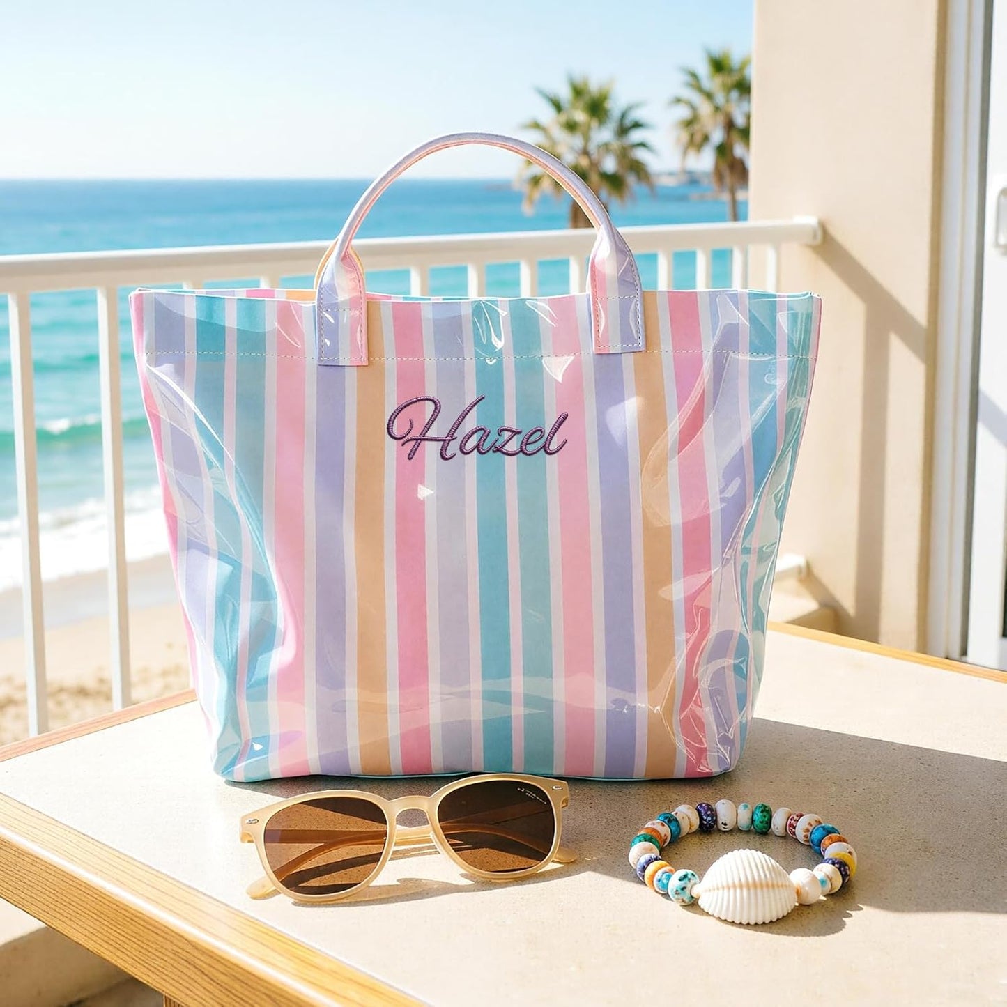 Personalized Beach Bag with Name, Custom Waterproof PVC Jelly Tote for Women, Embroidered Bridesmaid Pool Bag for Summer Vacation, Travel & Bachelorette Party Favors