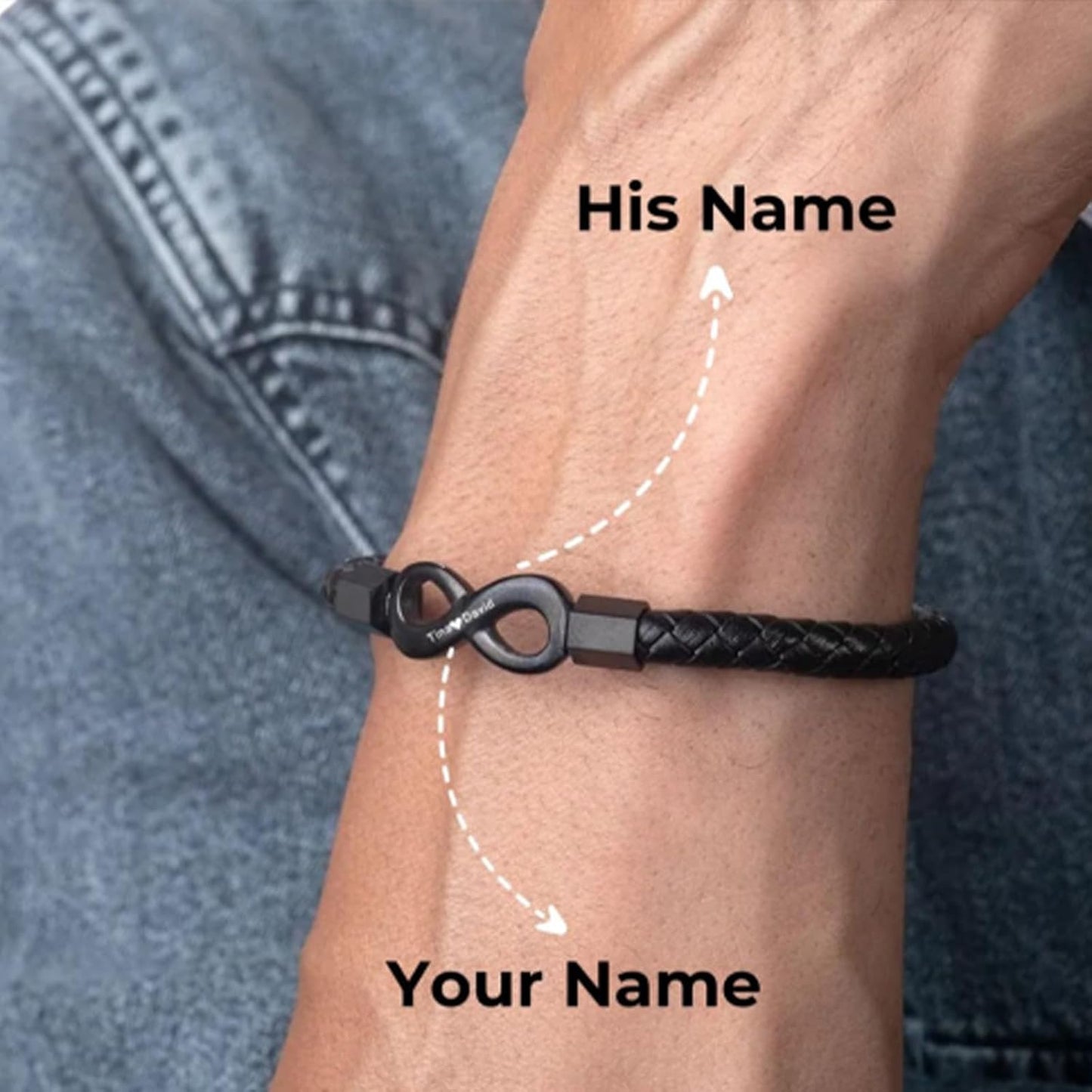 Personalized Infinity Leather Bracelet for Men Custom Dual Name Stainless Steel Braided Wristband Romantic Anniversary Birthday Jewelry Gift for Husband Boyfriend Him