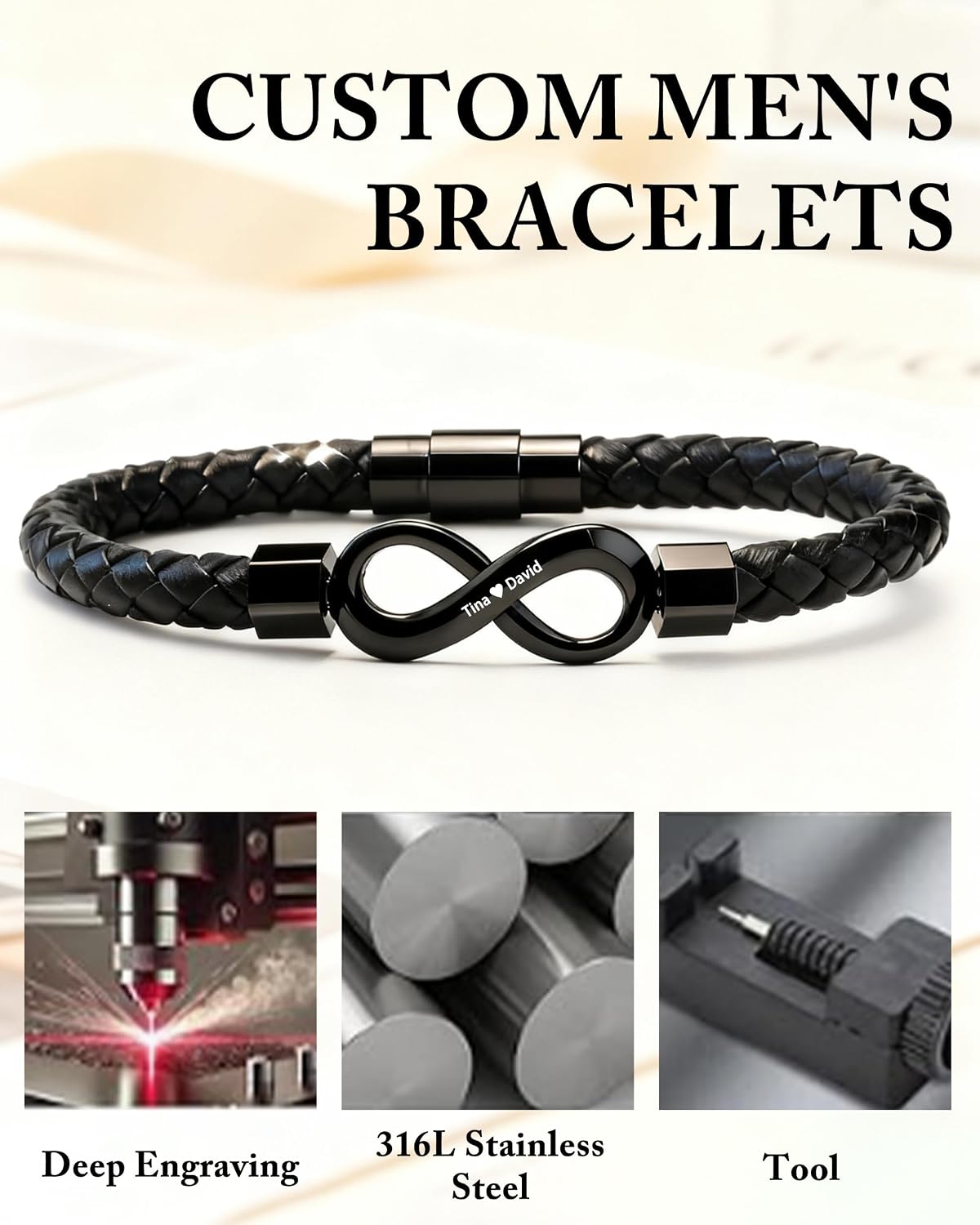 Personalized Infinity Leather Bracelet for Men Custom Dual Name Stainless Steel Braided Wristband Romantic Anniversary Birthday Jewelry Gift for Husband Boyfriend Him