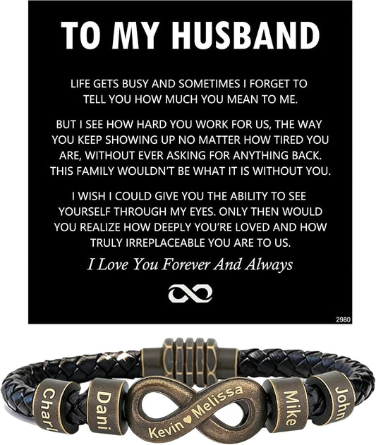 Personalized Custom Braided Leather Bracelet for Men with Engraved Name Beads and Infinity Charm, Anniversary Birthday Gift for Husband Dad Boyfriend