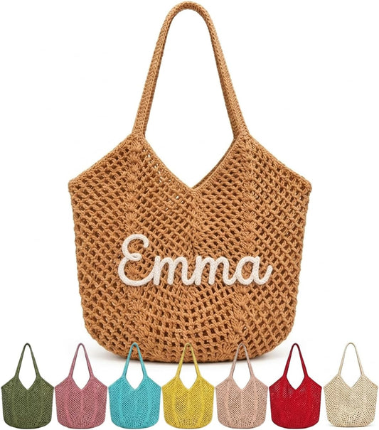Personalized Crochet Beach Bag for Women, Custom Name Woven Tote with Hollow Mesh Design, Lightweight Summer Vacation Handbag for Pool and Travel