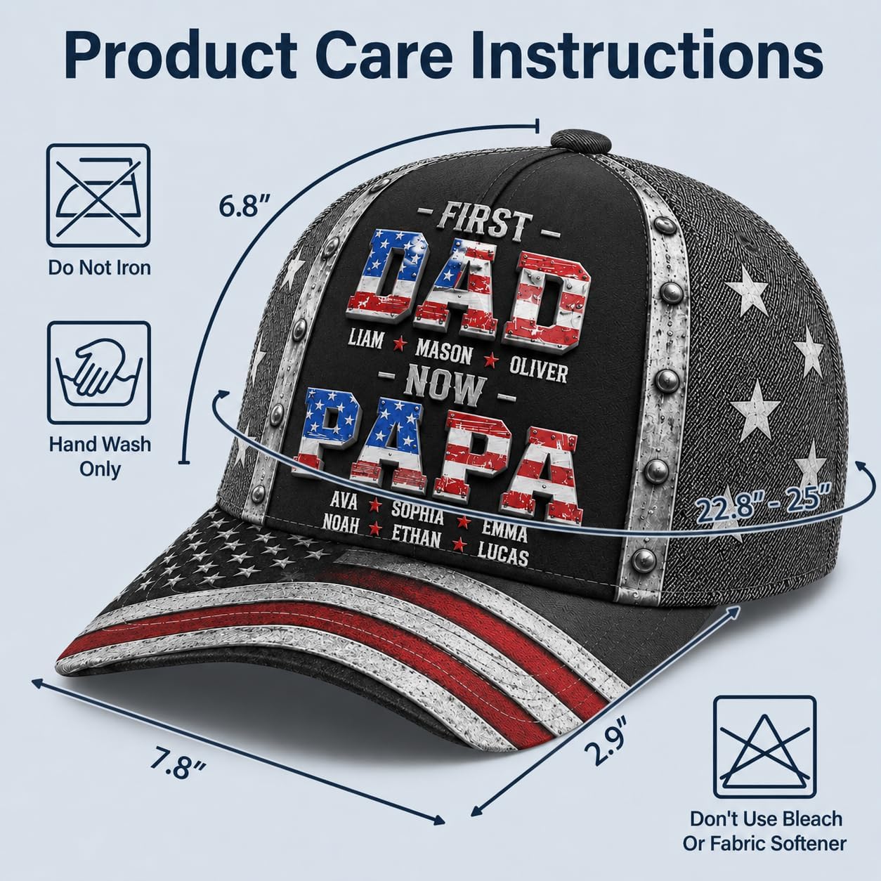 Personalized 3D Effect Dad Hat with Kids Names, Custom Classic Baseball Cap for Men, Unique Fathers Day Birthday Gifts for Daddy Grandpa Husband