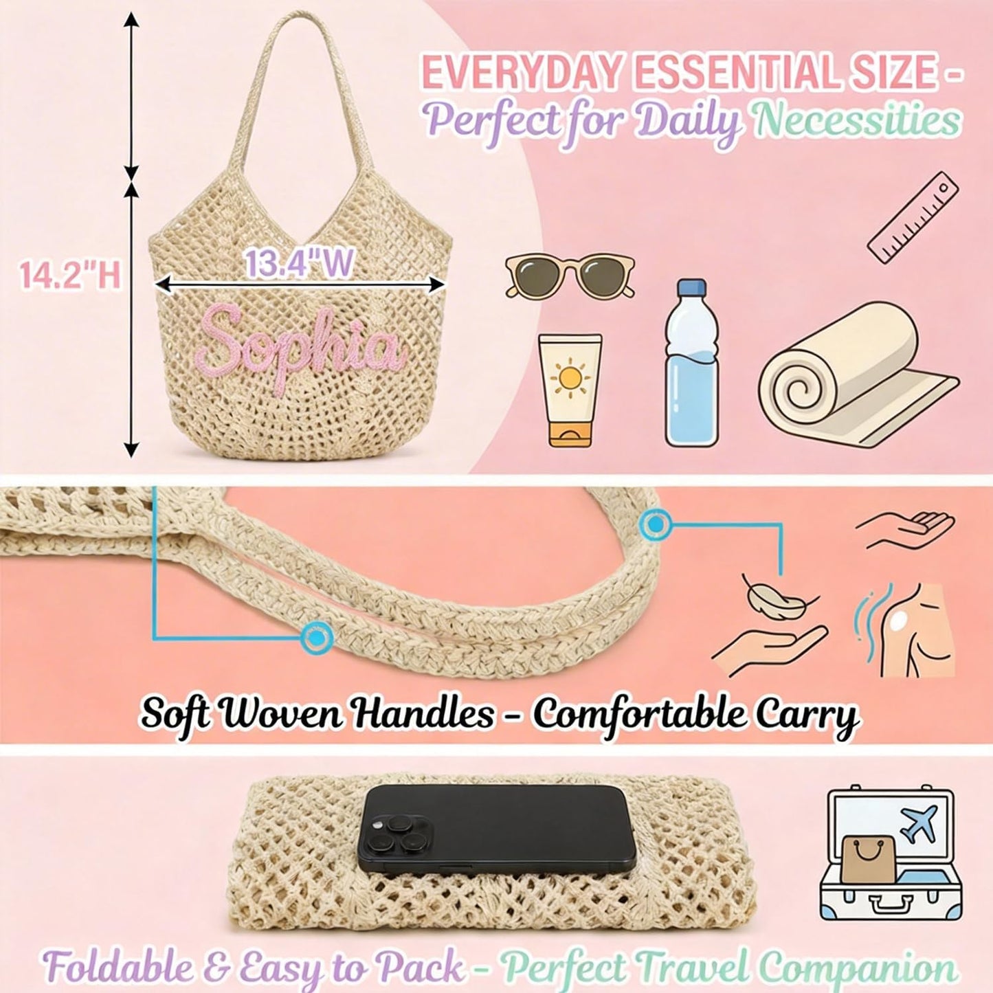 Personalized Crochet Beach Bag for Women, Custom Name Woven Tote with Hollow Mesh Design, Lightweight Summer Vacation Handbag for Pool and Travel
