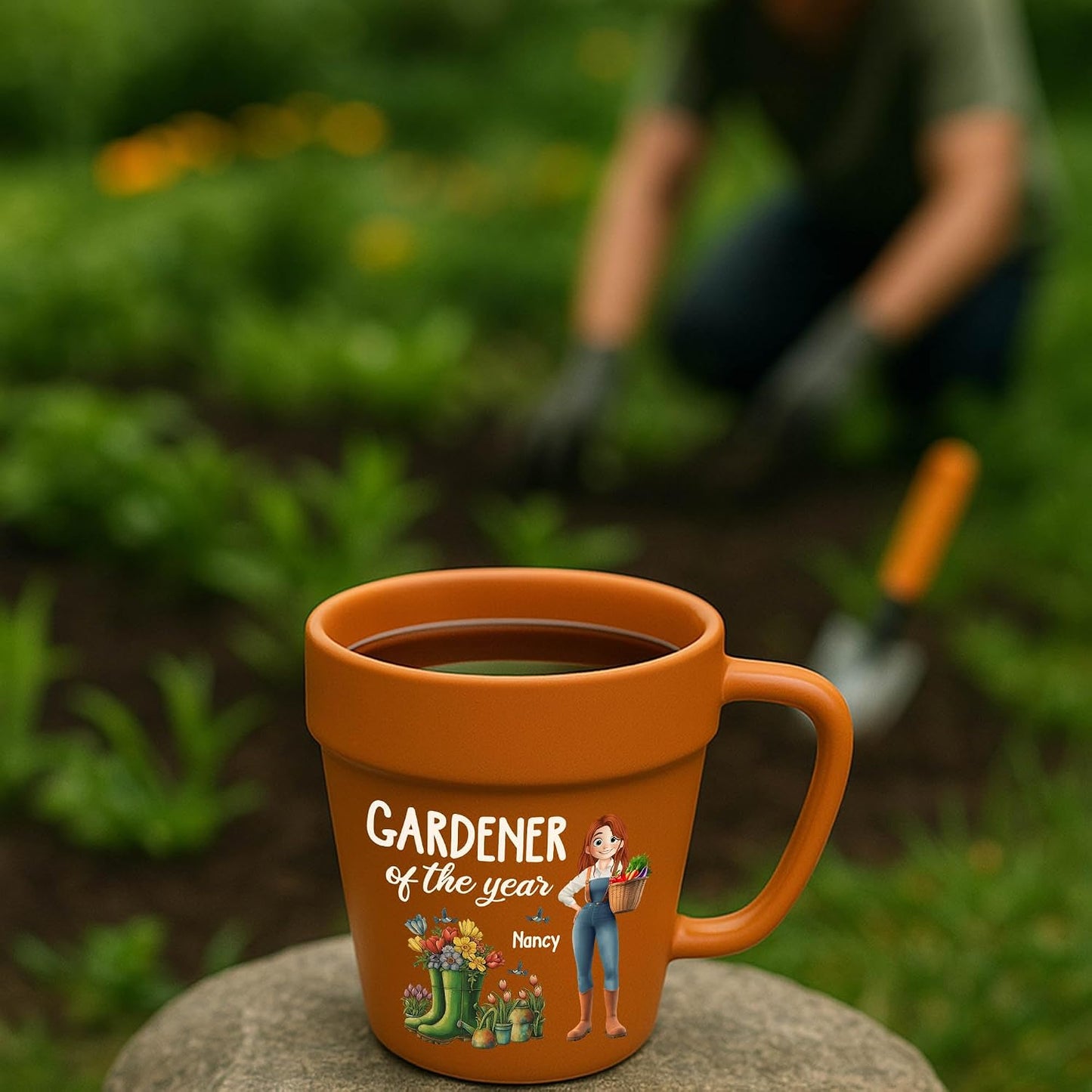Personalized Flower Pot Mug for Gardeners, Custom Ceramic Coffee Cup with Names, Terracotta Style Plant Planter Design, Unique Gardening Gifts for Grandma Women Mom