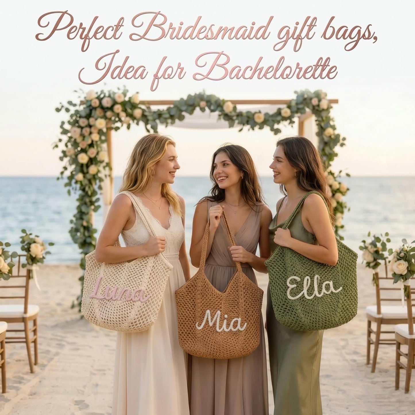 Personalized Crochet Beach Bag for Women, Custom Name Woven Tote with Hollow Mesh Design, Lightweight Summer Vacation Handbag for Pool and Travel