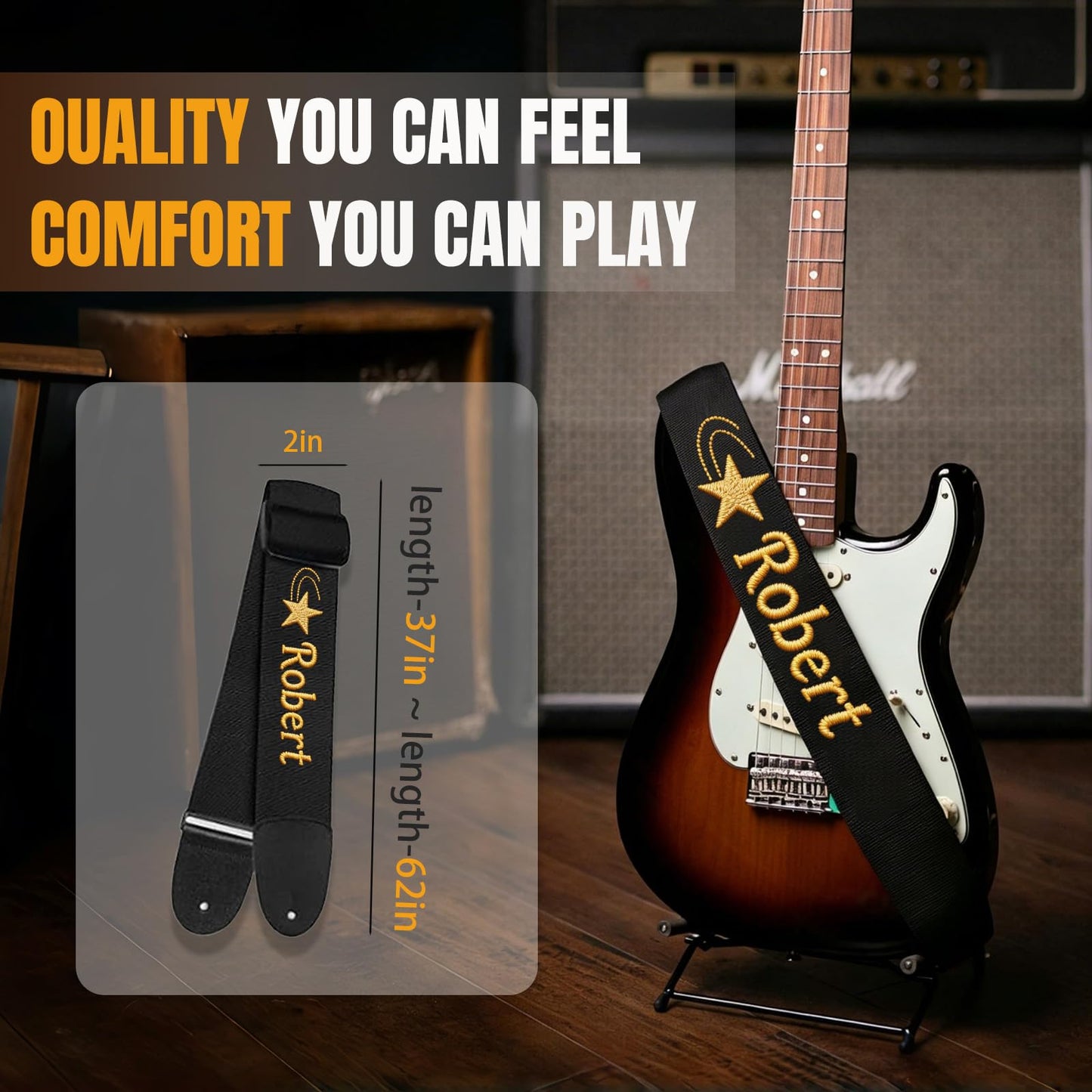 DBLXYAN Personalized Guitar Strap with Custom Name and Text Embroidered, Adjustable Durable Webbing for Acoustic, Electric and Bass Guitars, Unique Musician Gift