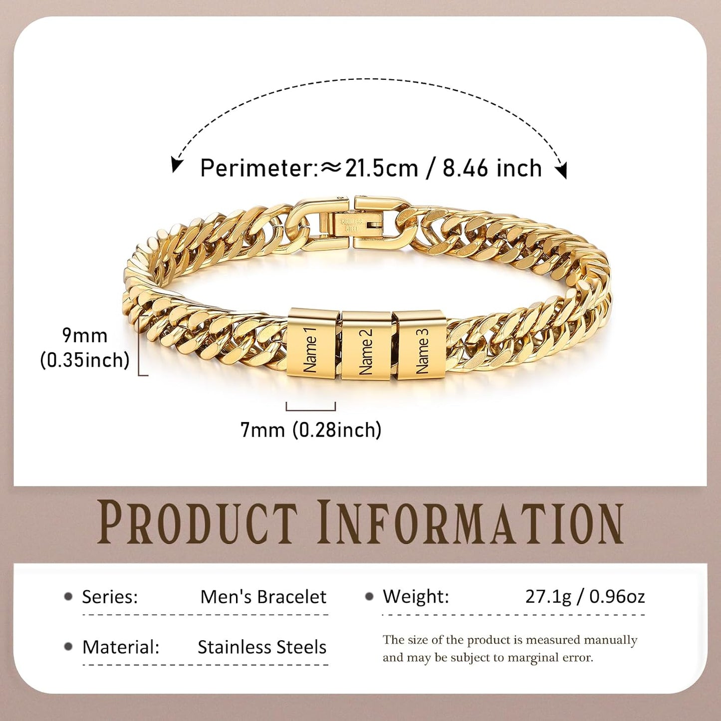 Personalized Mens Bracelet with Engraved Names Custom Stainless Steel Cuban Link Chain for Husband Dad Son Grandpa Customized Jewelry Gift for Anniversary Birthday