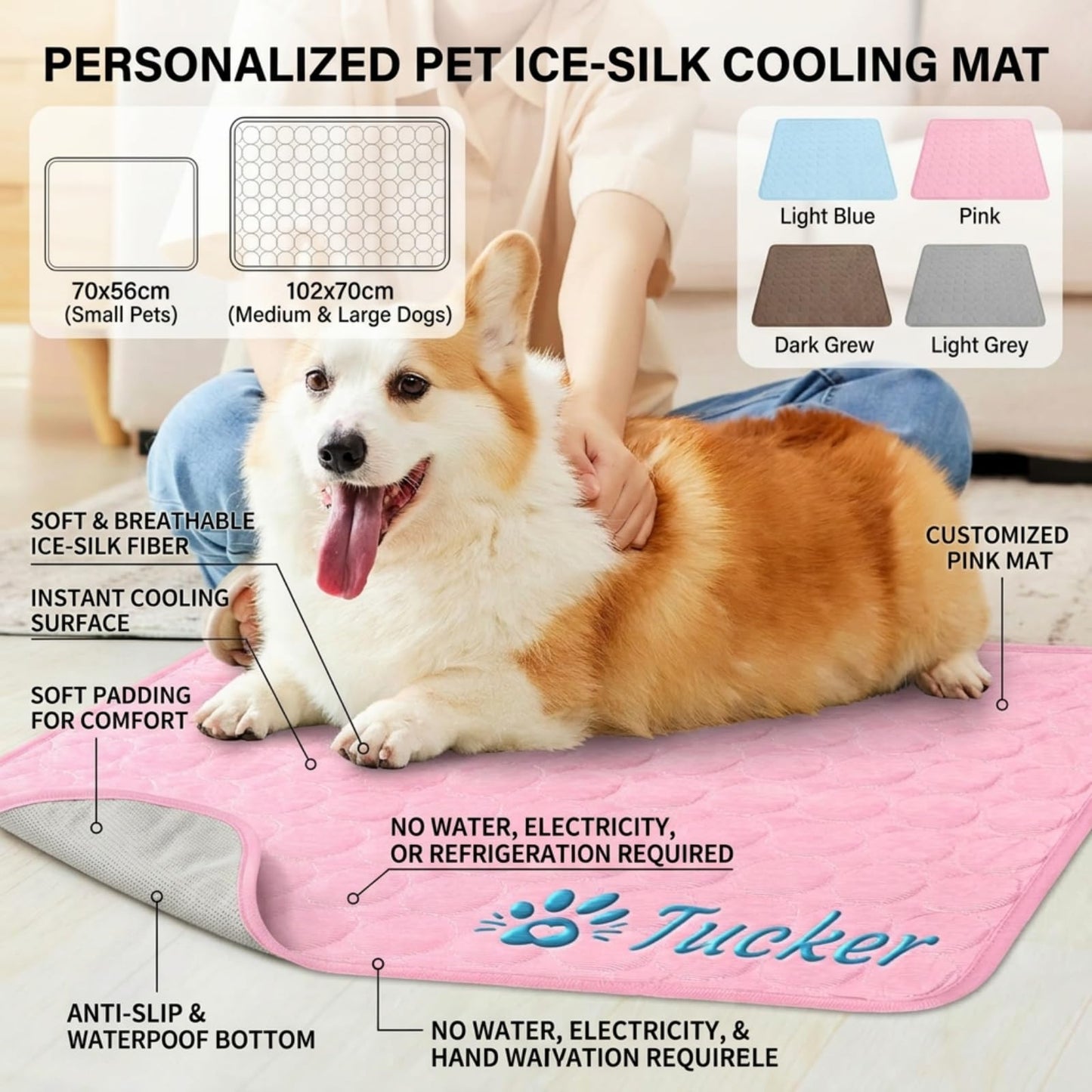 Personalized Dog Cooling Mat Custom Pet Ice Pad with Name & Photo, Washable Ice Silk Summer Cooling Blanket for Dogs Cats, Portable Self Cooling Bed Mat for Kennel Crate Sofa