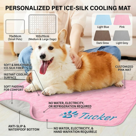 Personalized Dog Cooling Mat Custom Pet Ice Pad with Name & Photo, Washable Ice Silk Summer Cooling Blanket for Dogs Cats, Portable Self Cooling Bed Mat for Kennel Crate Sofa