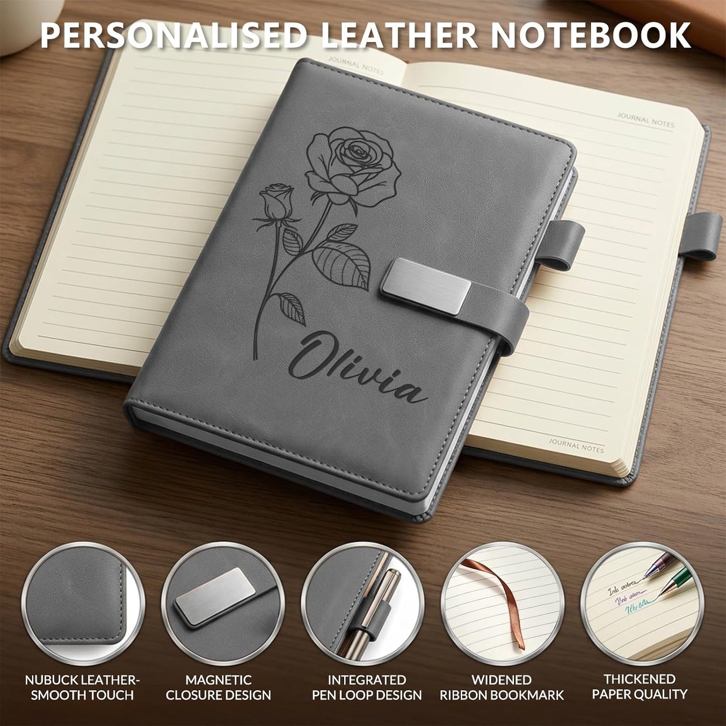 Personalized Leather Journal Notebook, Custom Engraved Hardcover Diary with Name, Thick Paper Lay-Flat Writing Notebooks for Men Women, Office Work and Business Gifts