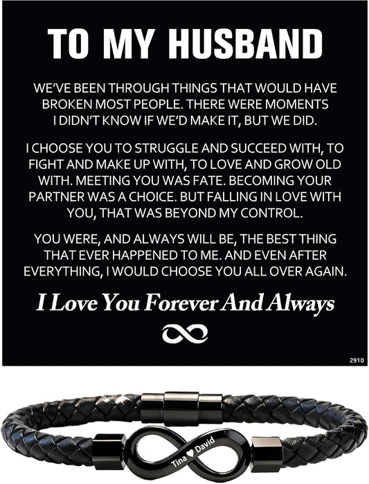 Personalized Infinity Leather Bracelet for Men Custom Dual Name Stainless Steel Braided Wristband Romantic Anniversary Birthday Jewelry Gift for Husband Boyfriend Him