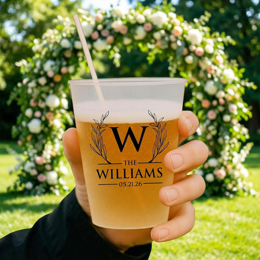 Custom Frosted Plastic Cups Personalized Reusable Party Cups with Logo Names Text, 12oz 16oz Clear Cup for Wedding Reception Bridal Shower Birthday Party Favors