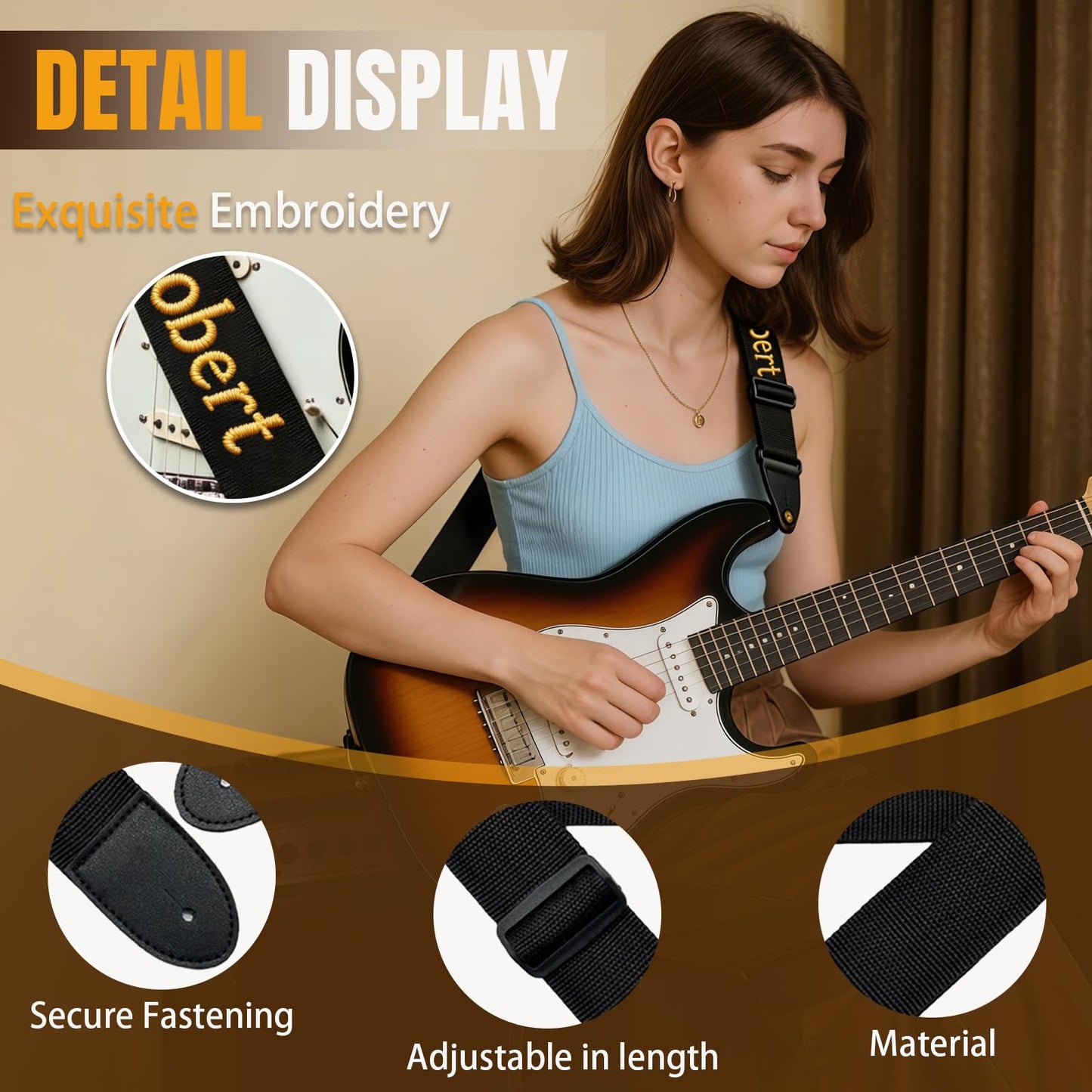 DBLXYAN Personalized Guitar Strap with Custom Name and Text Embroidered, Adjustable Durable Webbing for Acoustic, Electric and Bass Guitars, Unique Musician Gift