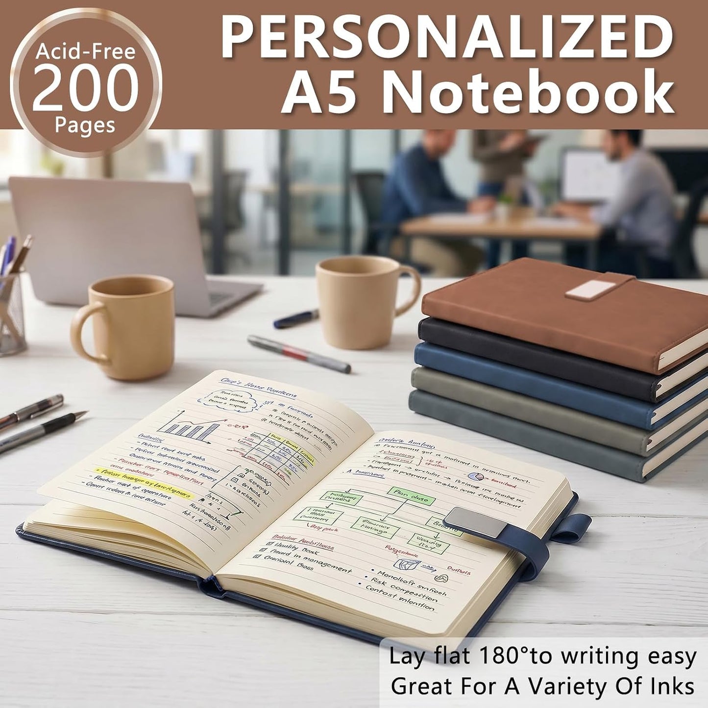 Personalized Leather Journal Notebook, Custom Engraved Hardcover Diary with Name, Thick Paper Lay-Flat Writing Notebooks for Men Women, Office Work and Business Gifts