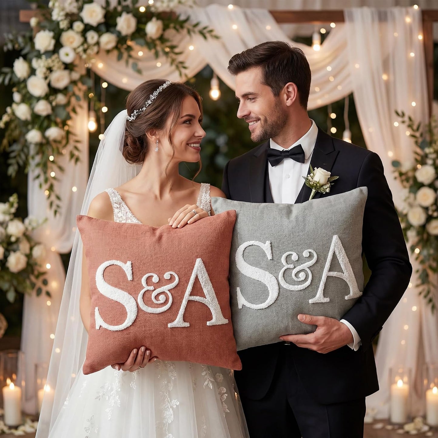 Custom Embroidered Monogram Pillow Personalized Couples Name Throw Pillow Case Customized Decorative Cushion Cover for Bed Couch Accent Wedding Anniversary Valentines Day Gifts for Him Her
