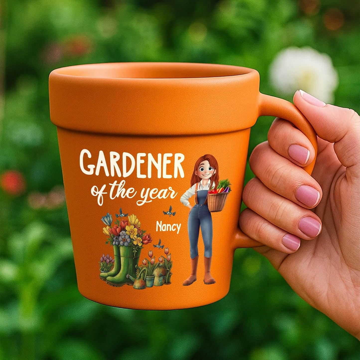 Personalized Flower Pot Mug for Gardeners, Custom Ceramic Coffee Cup with Names, Terracotta Style Plant Planter Design, Unique Gardening Gifts for Grandma Women Mom