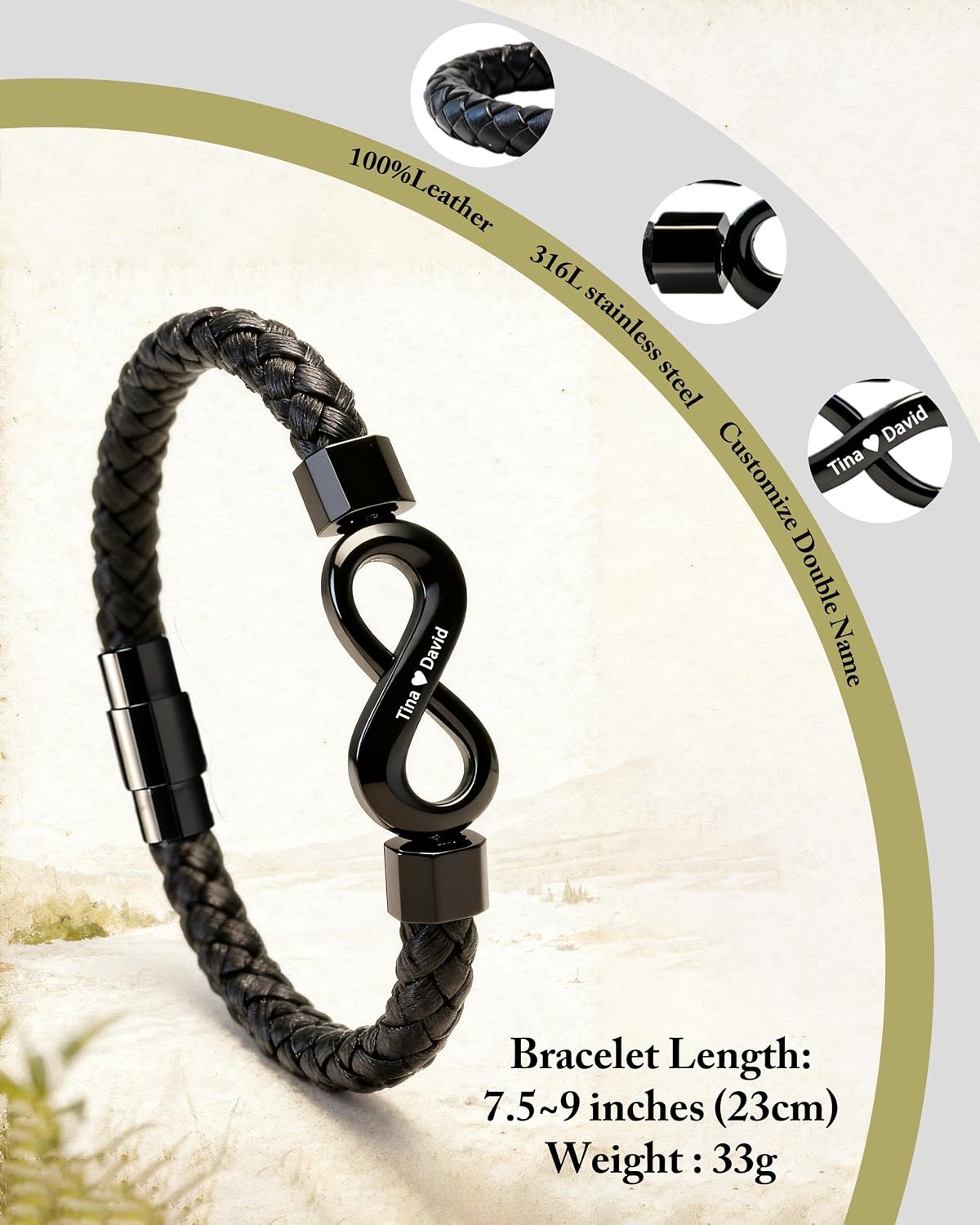 Personalized Infinity Leather Bracelet for Men Custom Dual Name Stainless Steel Braided Wristband Romantic Anniversary Birthday Jewelry Gift for Husband Boyfriend Him