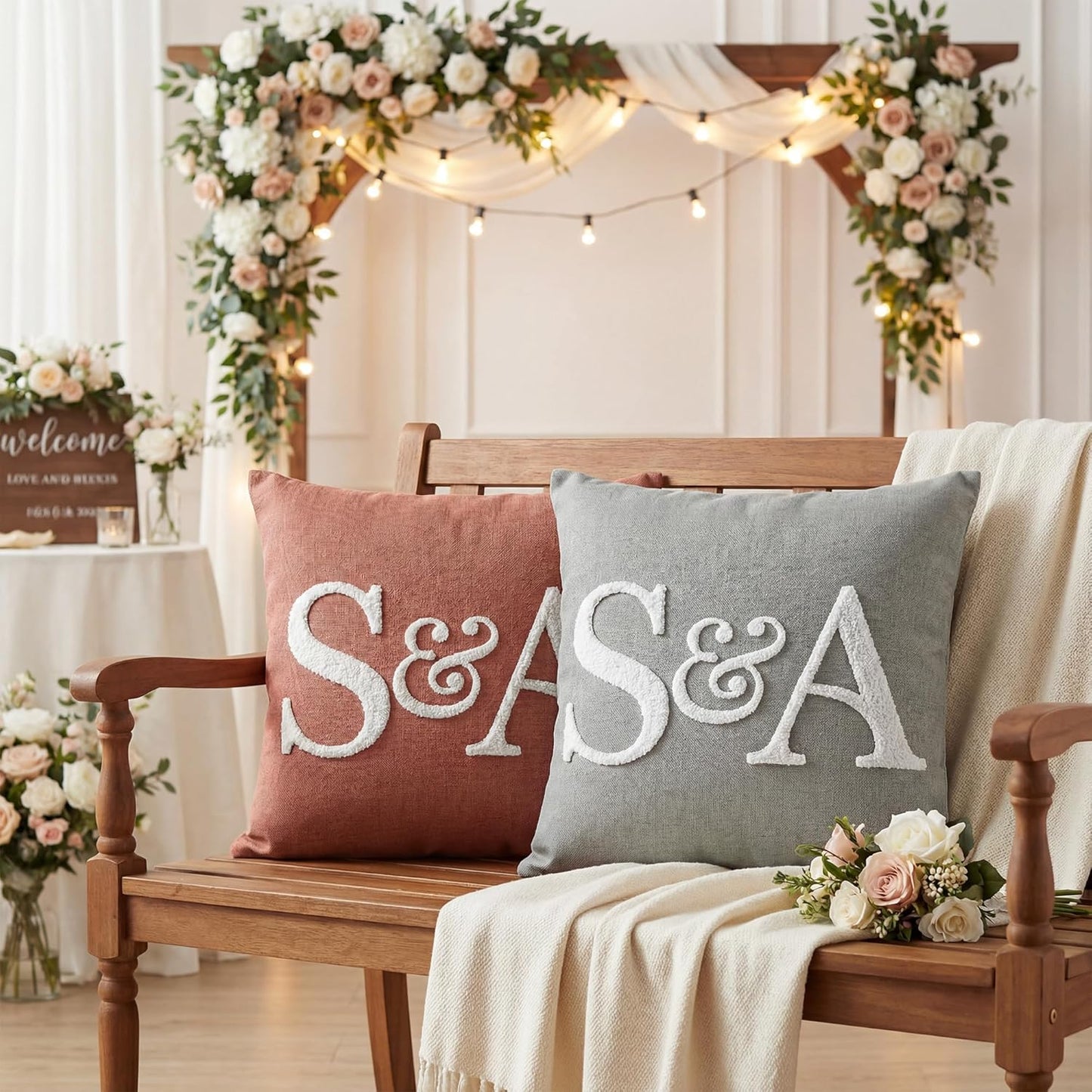 Custom Embroidered Monogram Pillow Personalized Couples Name Throw Pillow Case Customized Decorative Cushion Cover for Bed Couch Accent Wedding Anniversary Valentines Day Gifts for Him Her