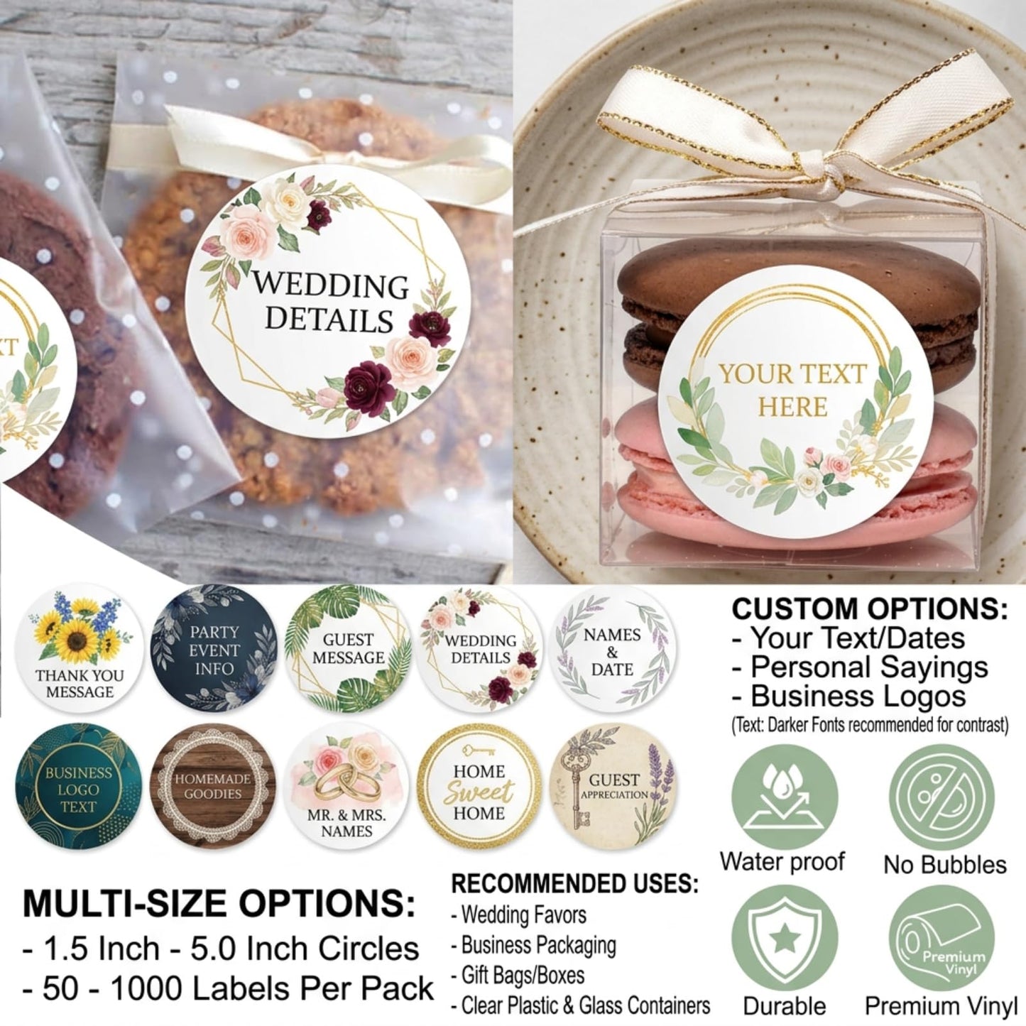 Custom Personalized Stickers for Wedding Favors & Business Logo, Waterproof Vinyl Labels for Hotel Welcome Bags, Birthday Party & Gift Boxes, Customized Sticker Labels 50-1000 Pack