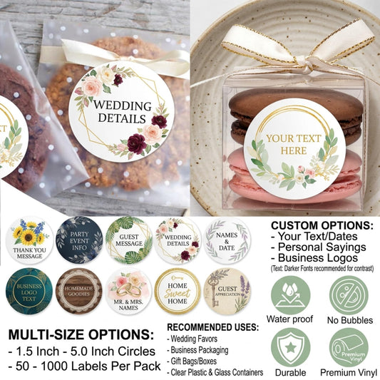 Custom Personalized Stickers for Wedding Favors & Business Logo, Waterproof Vinyl Labels for Hotel Welcome Bags, Birthday Party & Gift Boxes, Customized Sticker Labels 50-1000 Pack
