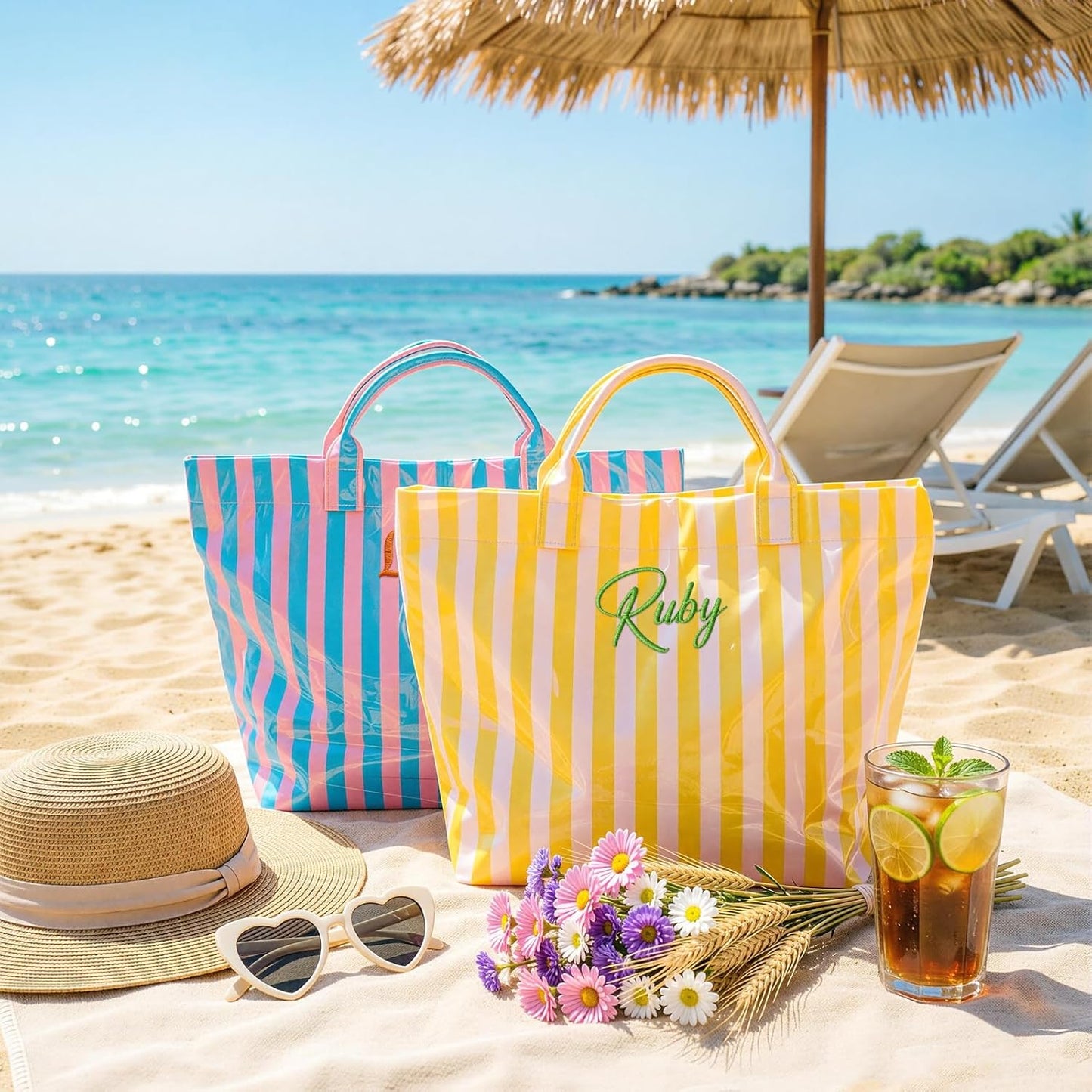Personalized Beach Bag with Name, Custom Waterproof PVC Jelly Tote for Women, Embroidered Bridesmaid Pool Bag for Summer Vacation, Travel & Bachelorette Party Favors