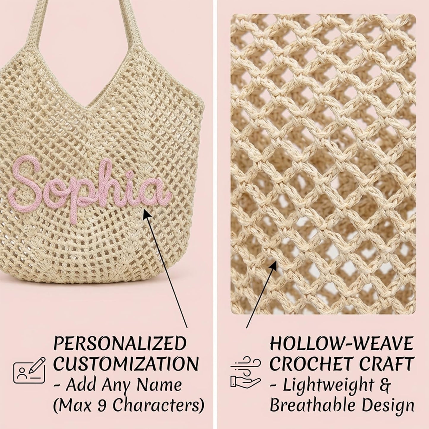 Personalized Crochet Beach Bag for Women, Custom Name Woven Tote with Hollow Mesh Design, Lightweight Summer Vacation Handbag for Pool and Travel
