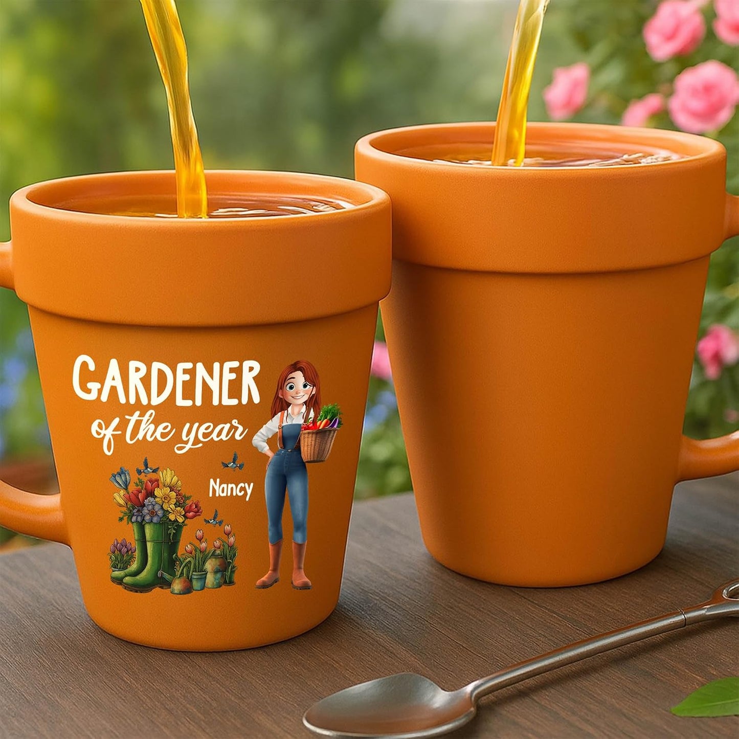 Personalized Flower Pot Mug for Gardeners, Custom Ceramic Coffee Cup with Names, Terracotta Style Plant Planter Design, Unique Gardening Gifts for Grandma Women Mom