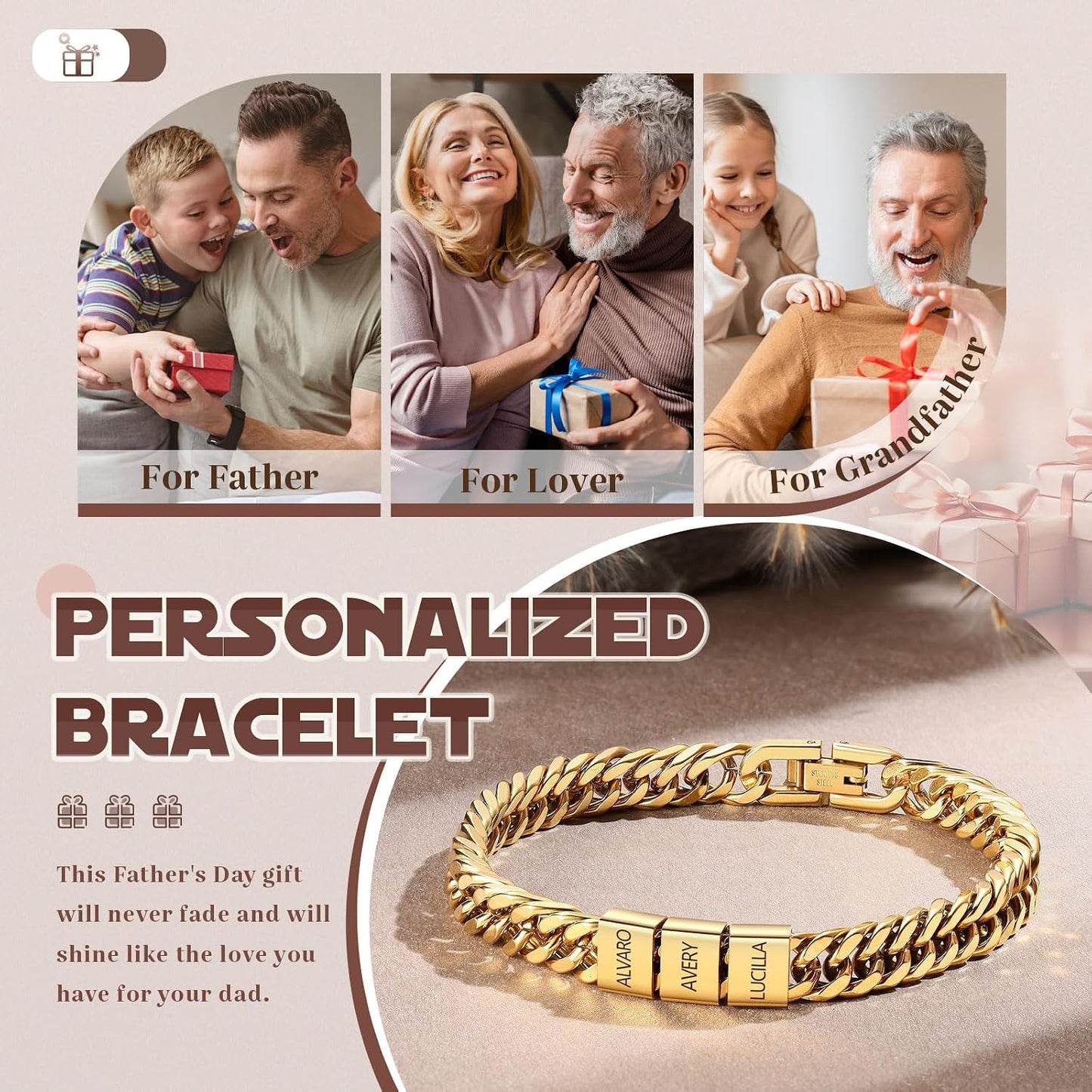 Personalized Mens Bracelet with Engraved Names Custom Stainless Steel Cuban Link Chain for Husband Dad Son Grandpa Customized Jewelry Gift for Anniversary Birthday