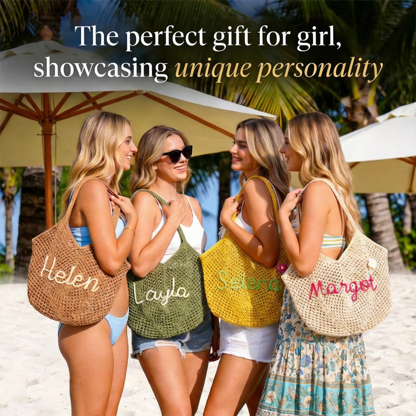 Personalized Crochet Beach Bag for Women, Custom Name Woven Tote with Hollow Mesh Design, Lightweight Summer Vacation Handbag for Pool and Travel
