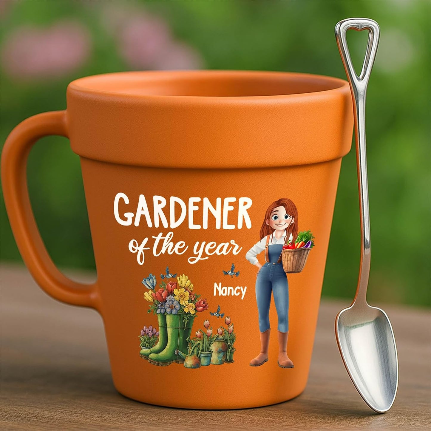 Personalized Flower Pot Mug for Gardeners, Custom Ceramic Coffee Cup with Names, Terracotta Style Plant Planter Design, Unique Gardening Gifts for Grandma Women Mom