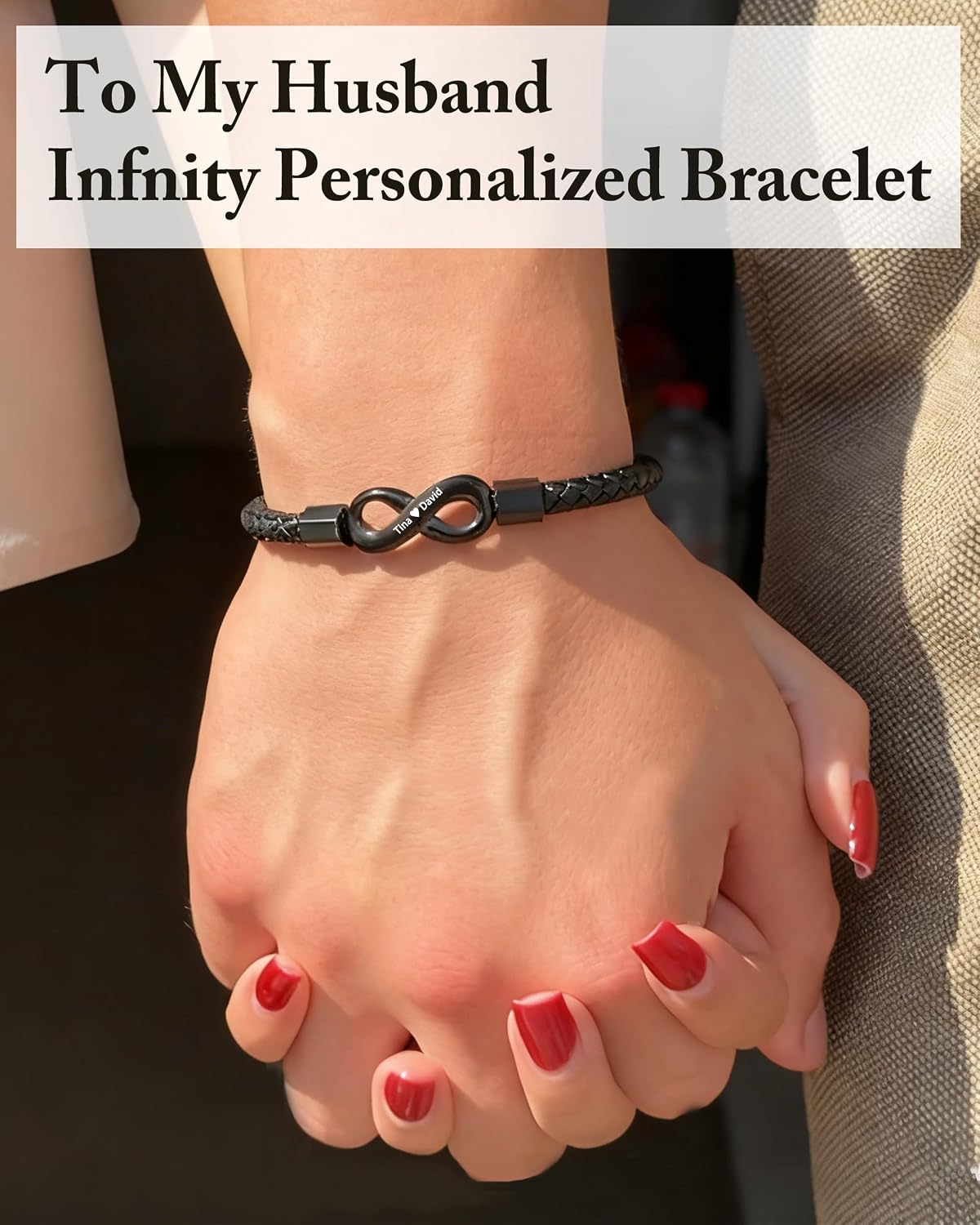 Personalized Infinity Leather Bracelet for Men Custom Dual Name Stainless Steel Braided Wristband Romantic Anniversary Birthday Jewelry Gift for Husband Boyfriend Him