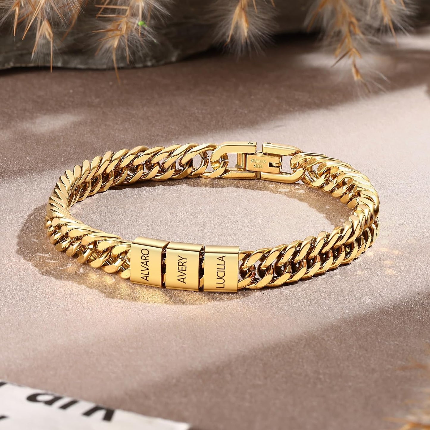 Personalized Mens Bracelet with Engraved Names Custom Stainless Steel Cuban Link Chain for Husband Dad Son Grandpa Customized Jewelry Gift for Anniversary Birthday