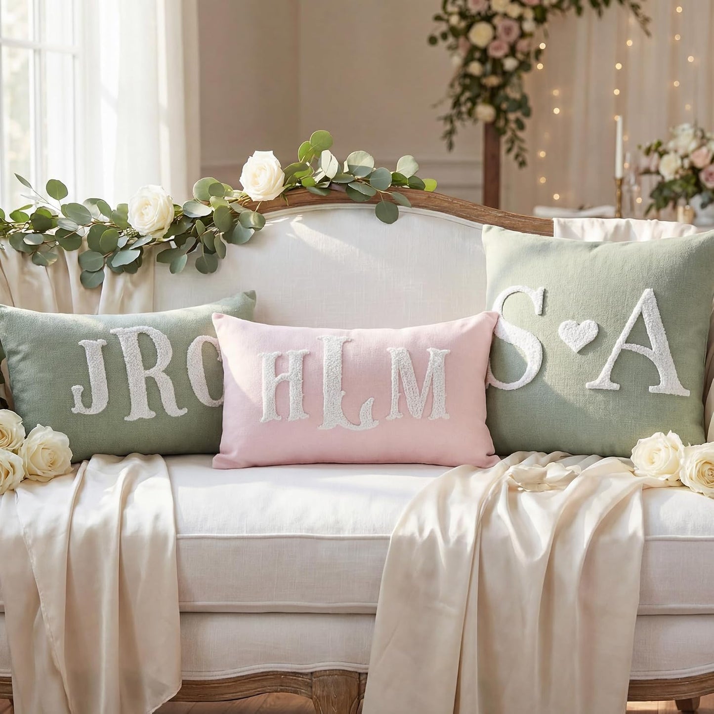 Custom Embroidered Monogram Pillow Personalized Couples Name Throw Pillow Case Customized Decorative Cushion Cover for Bed Couch Accent Wedding Anniversary Valentines Day Gifts for Him Her