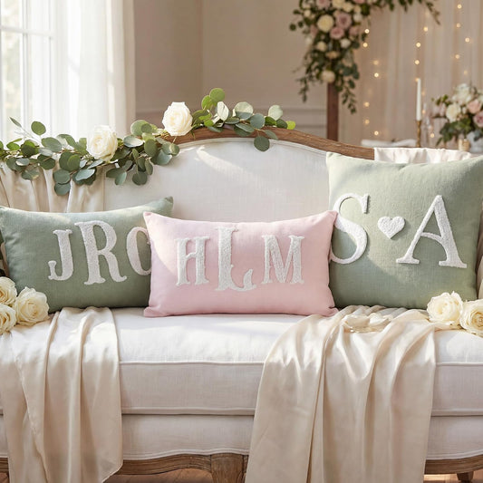 Custom Embroidered Monogram Pillow Personalized Couples Name Throw Pillow Case Customized Decorative Cushion Cover for Bed Couch Accent Wedding Anniversary Valentines Day Gifts for Him Her