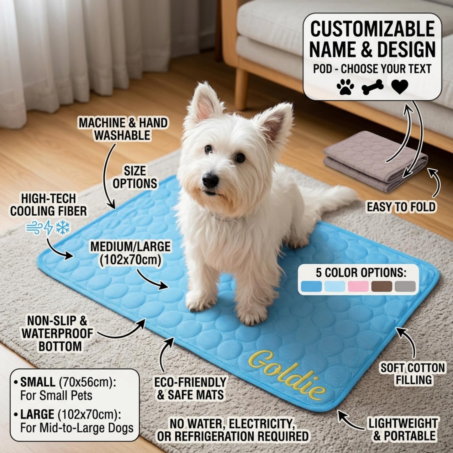 Personalized Dog Cooling Mat Custom Pet Ice Pad with Name & Photo, Washable Ice Silk Summer Cooling Blanket for Dogs Cats, Portable Self Cooling Bed Mat for Kennel Crate Sofa
