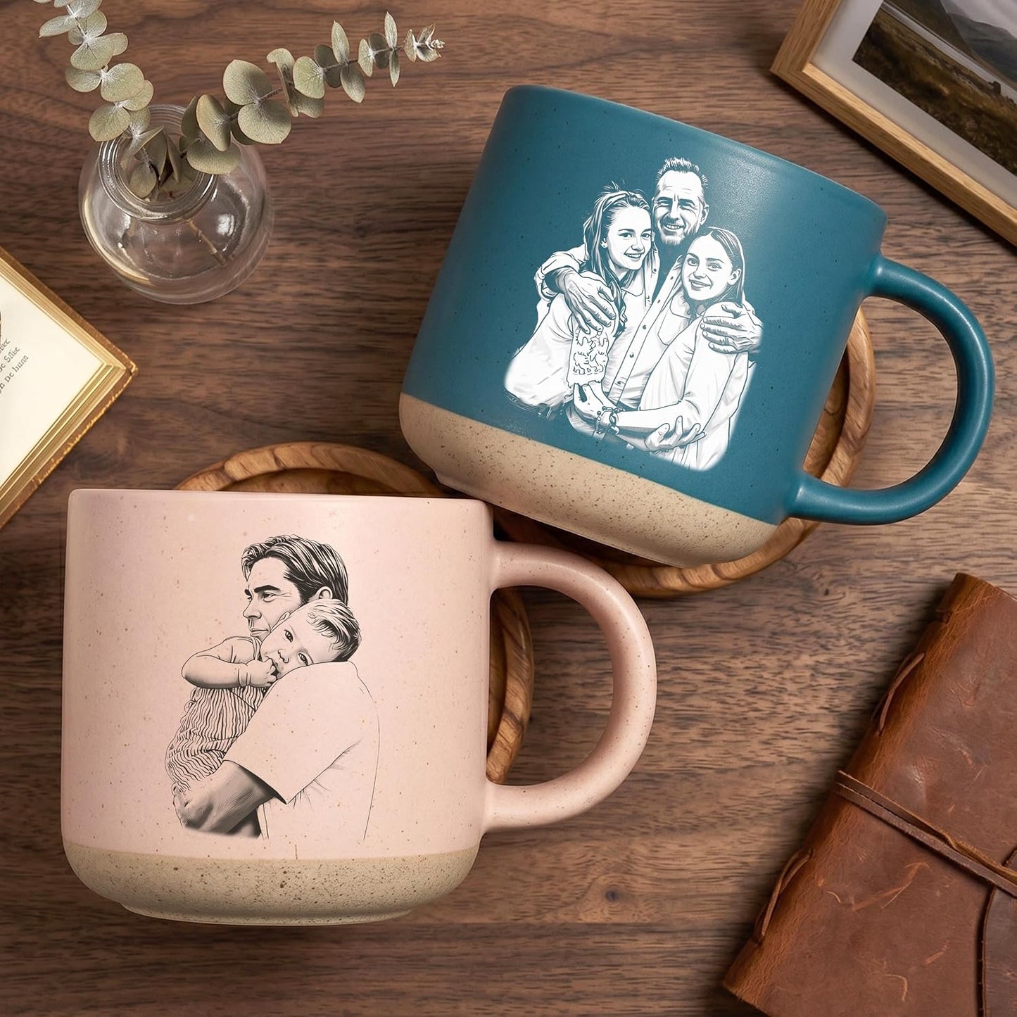 Personalized Photo Pottery Mug Custom Picture Coffee Cup Grandpa from Daughter Son Rustic Customized Drinkware for Fathers Day Birthday