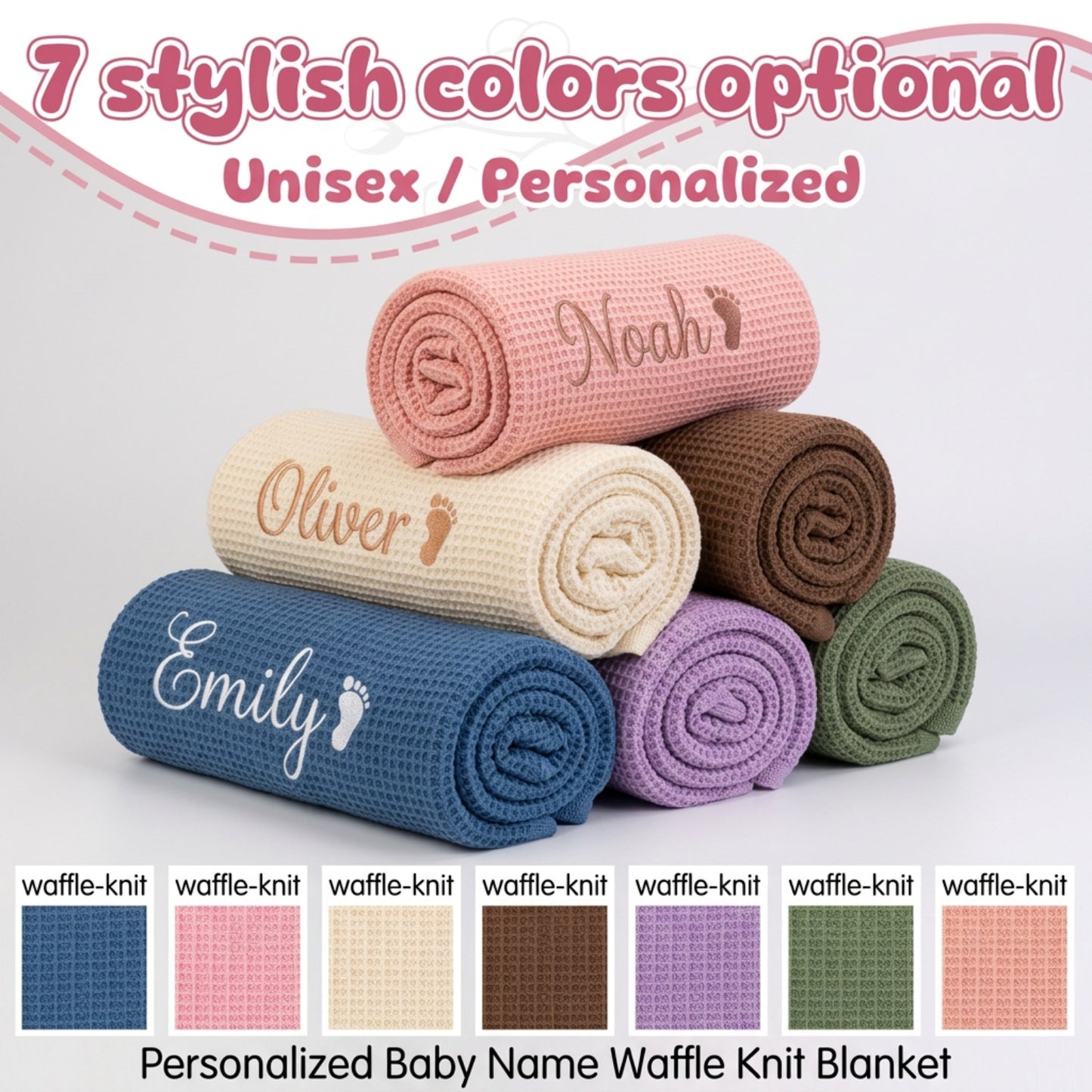 Personalized Baby Blanket with Embroidered Name, Custom Waffle Cotton Knit Blanket for Newborn Boys & Girls, Soft Breathable Swaddle for Baby Shower Gifts, 30x40in